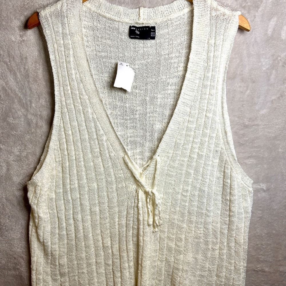 Asos Knitted Vest Top Womens 22 Cream Sleeveless Ribbed Lace-Up Boho Festival
